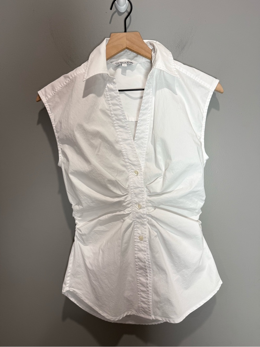 Veronica Beard Devra Sleeveless Ruched Button Front Top White Size 2